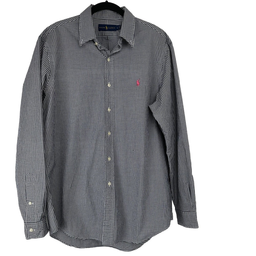 Ralph Lauren Men's Button Up Size Large Blue White Gingham Pink Logo‎ Preppy